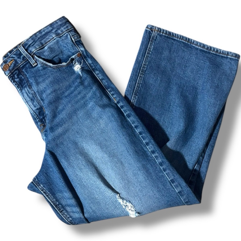 Old Navy Dark Indigo Blue Denim Distressed Knees Ankle Length Wide-Leg Jeans - Picture 10 of 11